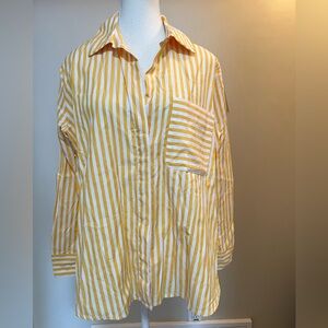 French Connection Yellow & White Stripe Button-Down Shirt XS Cotton With Pocket